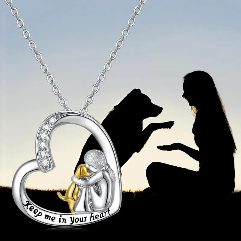 925 Sterling Silver Necklace β Heart & Dog Design with Zirconia