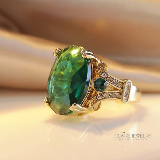 Boho Green Gold Crystal Ring
