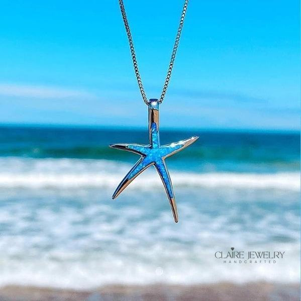 Blue Opal and Silver Starfish Necklace
