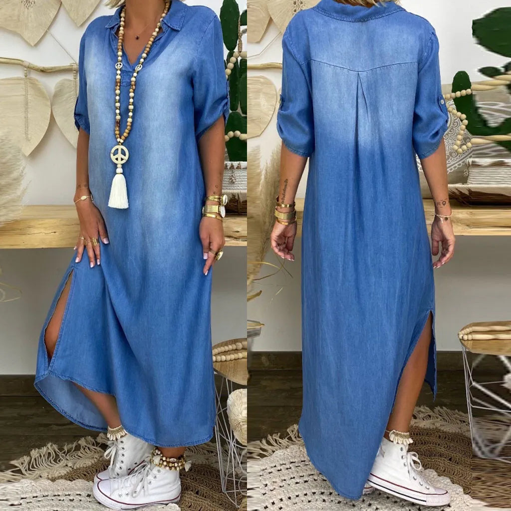 Lea | Long Denim-Look Dress with Side Slit