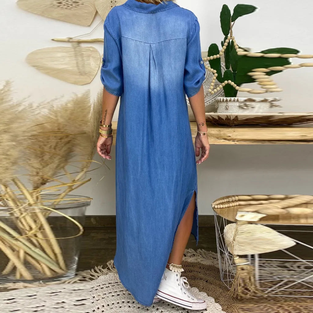 Lea | Long Denim-Look Dress with Side Slit