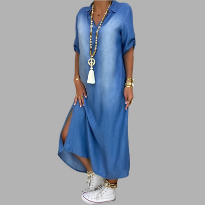 Lea | Long Denim-Look Dress with Side Slit