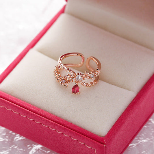 Adjustable Gold Ring with Zirconia and Ruby