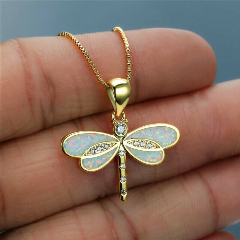 Dragonfly Necklace with Opal and Zirconia