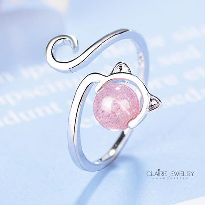 925 Sterling Silver and Pink Agate Kitten Ring