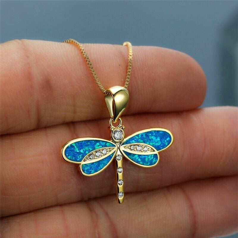Dragonfly Necklace with Opal and Zirconia
