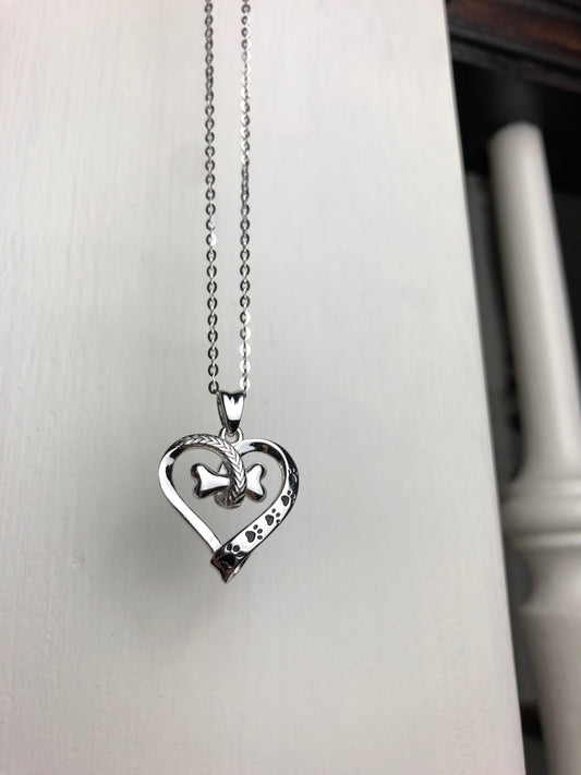 Dog Paw and Heart Necklace in Stainless Steel