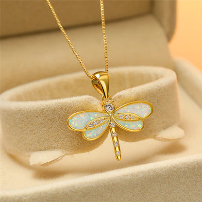Dragonfly Necklace with Opal and Zirconia