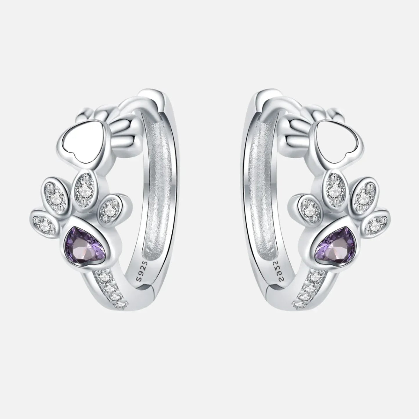 Paw Huggie Earrings in 925 Sterling Silver – With Zirconia and Heart Gem