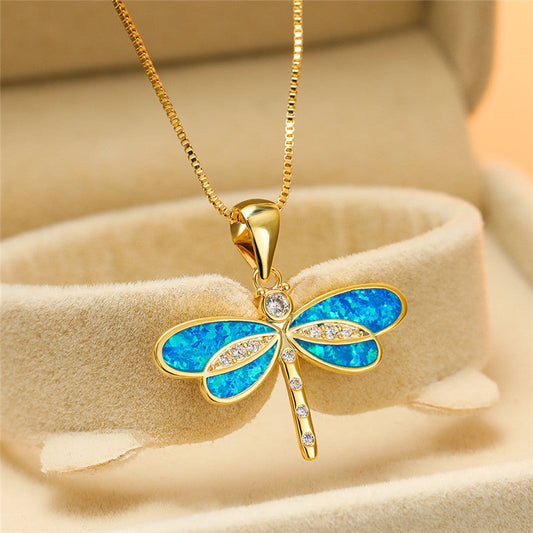 Dragonfly Necklace with Opal and Zirconia