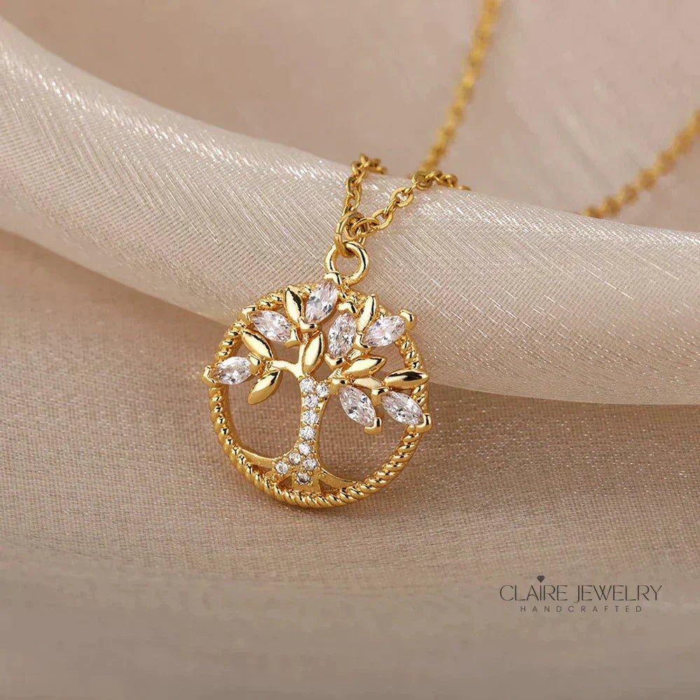 Tree of Life Necklace with Zirconia in Gold