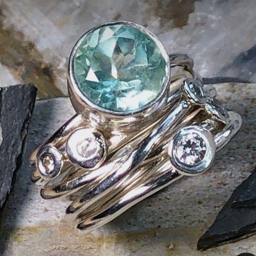 Multilayered silver-plated ring with turquoise vintage crystal