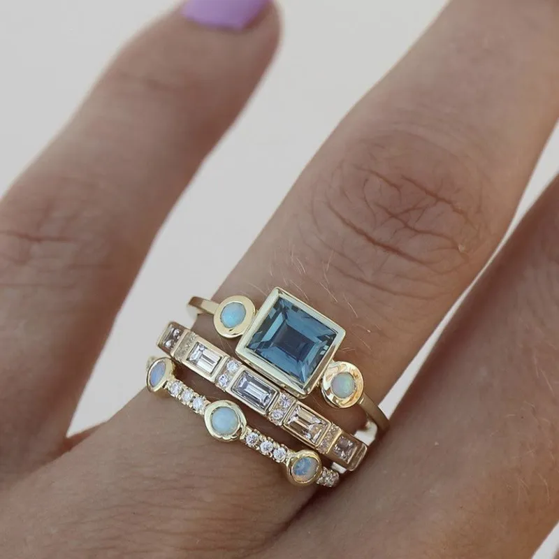 Vintage Elegant Blue Crystal Ring Set