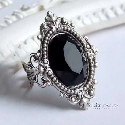 Boho Black Stone Ring in Silver