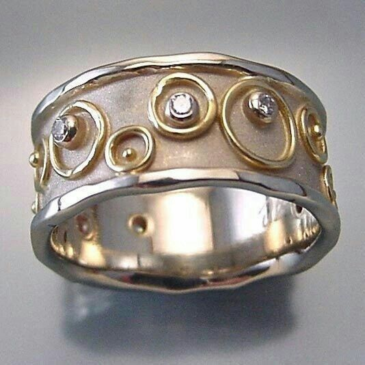 Vintage Intarsia Zirconia Hollow Silver & Gold Ring