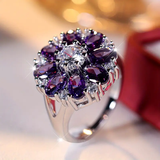 Vintage Violet Daisy Silver Color Ring