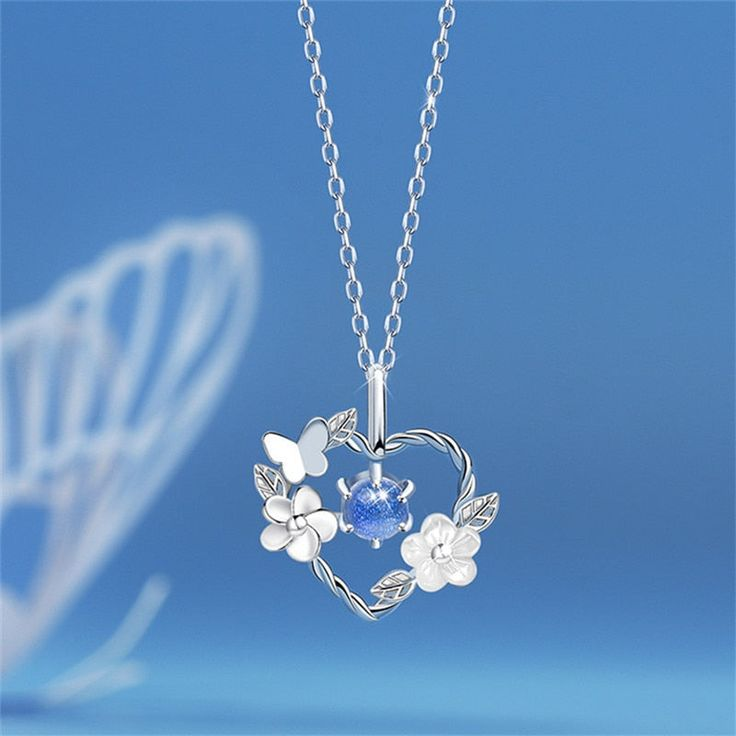 Floral Blue Crystal Heart Silver Color Necklace