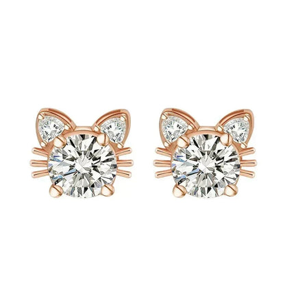 Moissanite Rose Gold Cat Stud Earrings in 925 Sterling Silver