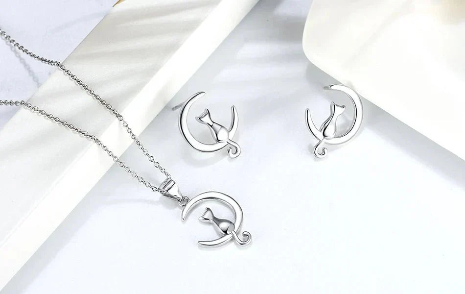 Moon & Cat Sterling Silver Stud Cat Earrings