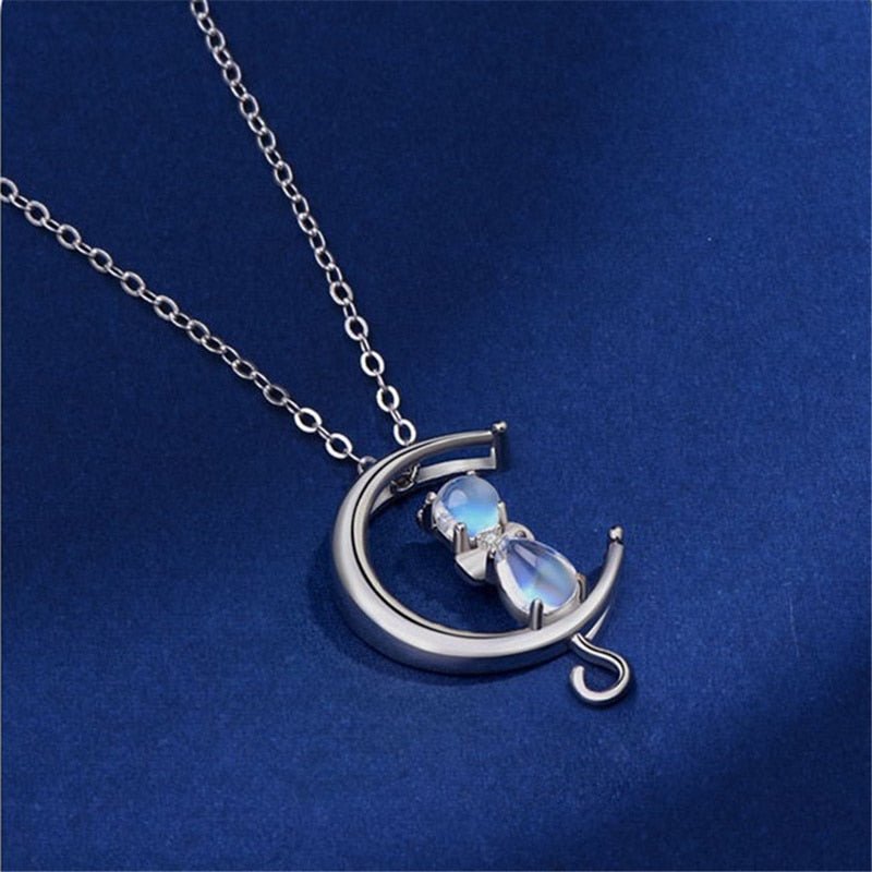 Moonstone crescent and cat necklace